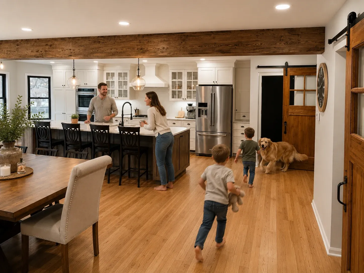 A family moving through a bright, remodeled kitchen designed for daily life