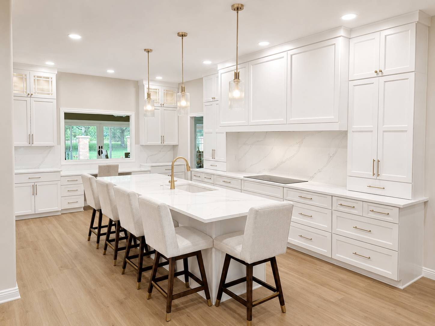 All-white kitchen remodel with waterfall island and gold hardware