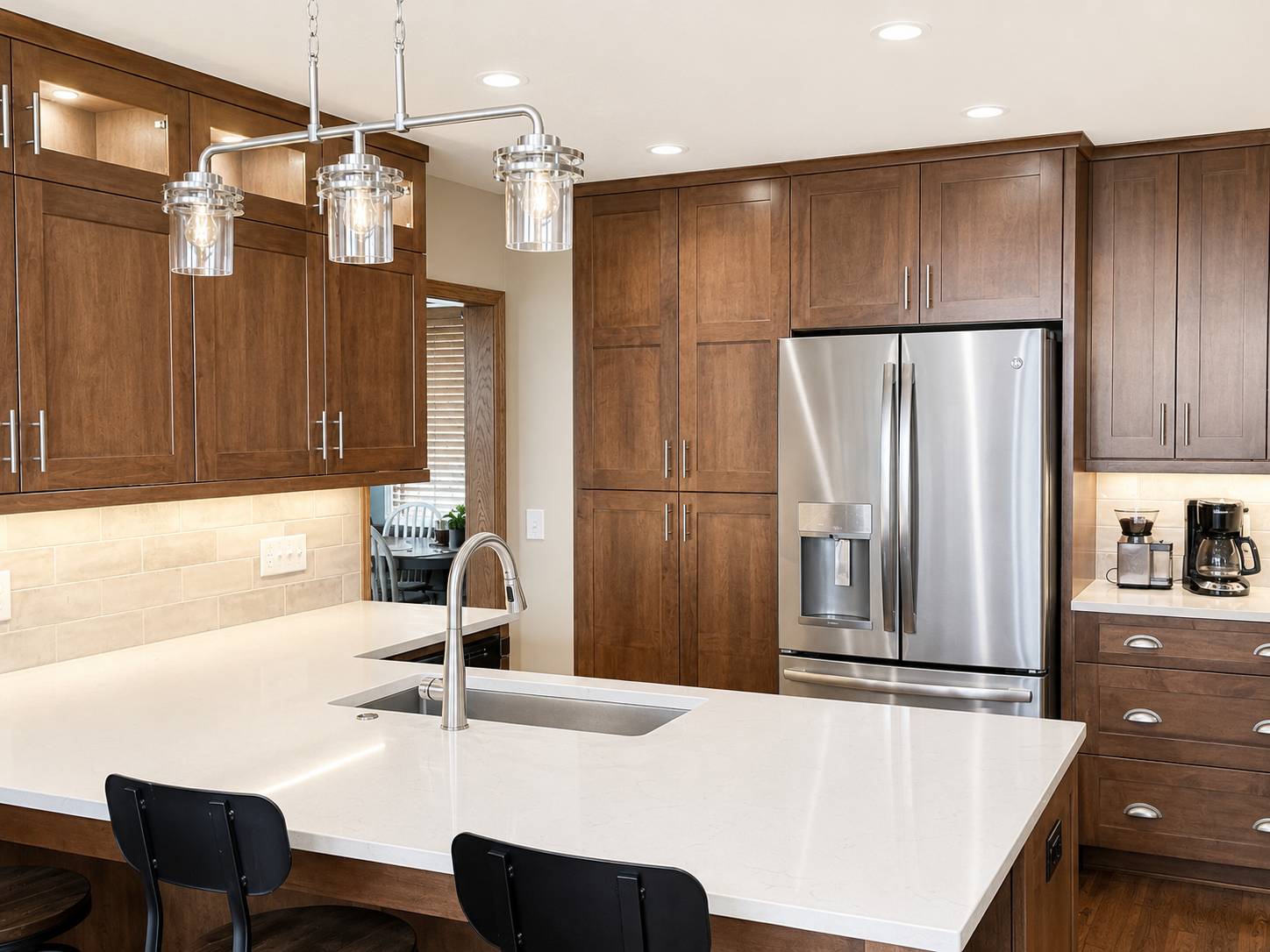 Warm walnut shaker kitchen with white quartz island
